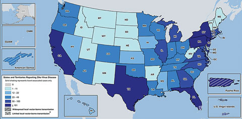 Fig. 3. Laboratory-confirmed Zika virus disease cases reported to ArboNET by state or territory as of September 14, 2016.