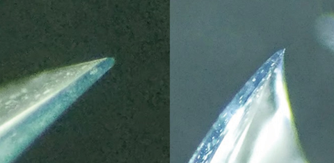 Fig. 4. Example of difference in edge profiles on -3.00D sphrerical lens designs, demonstrating a rounded, thicker edge in comifilcon A (left) and knife edge in senofilcon A (right).