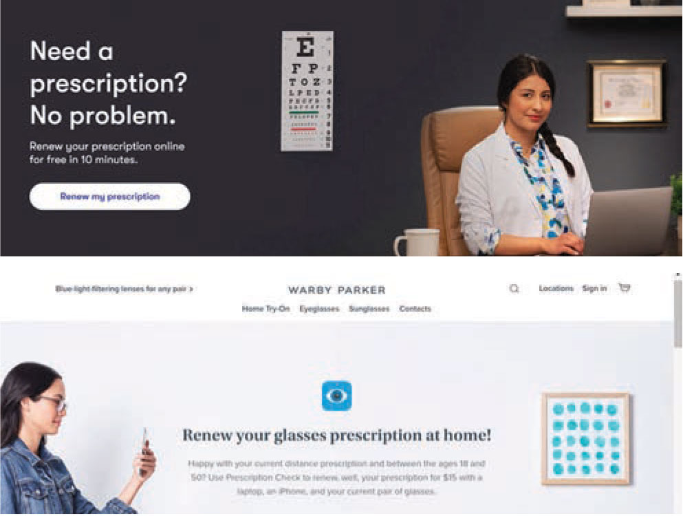 Fig. 1. Online eye care retailers, such as 1-800-CONTACTS (top) and Warby Parker (bottom), benefited from remote glasses prescription renewal services during the COVID-19 shutdown.