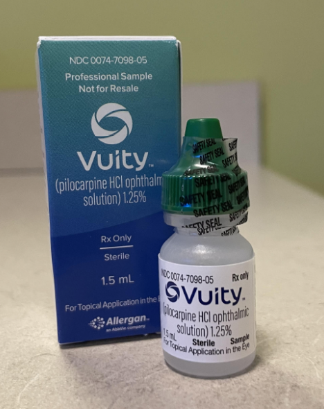 Contraction of the ciliary muscle enables Vuity’s improvement of near vision acuity in patients responsive to such action.