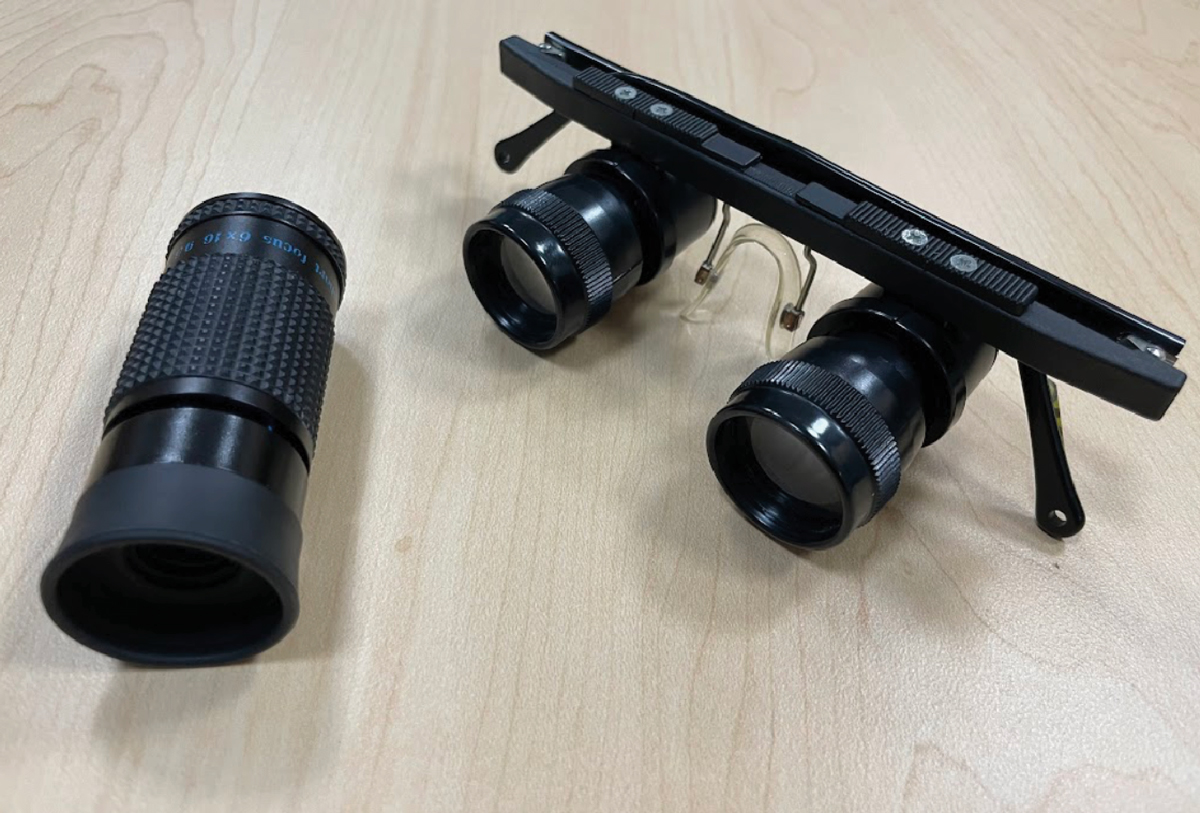 Fig. 3. A monocular handheld telescope (left) and a binocular telescope in a frame.