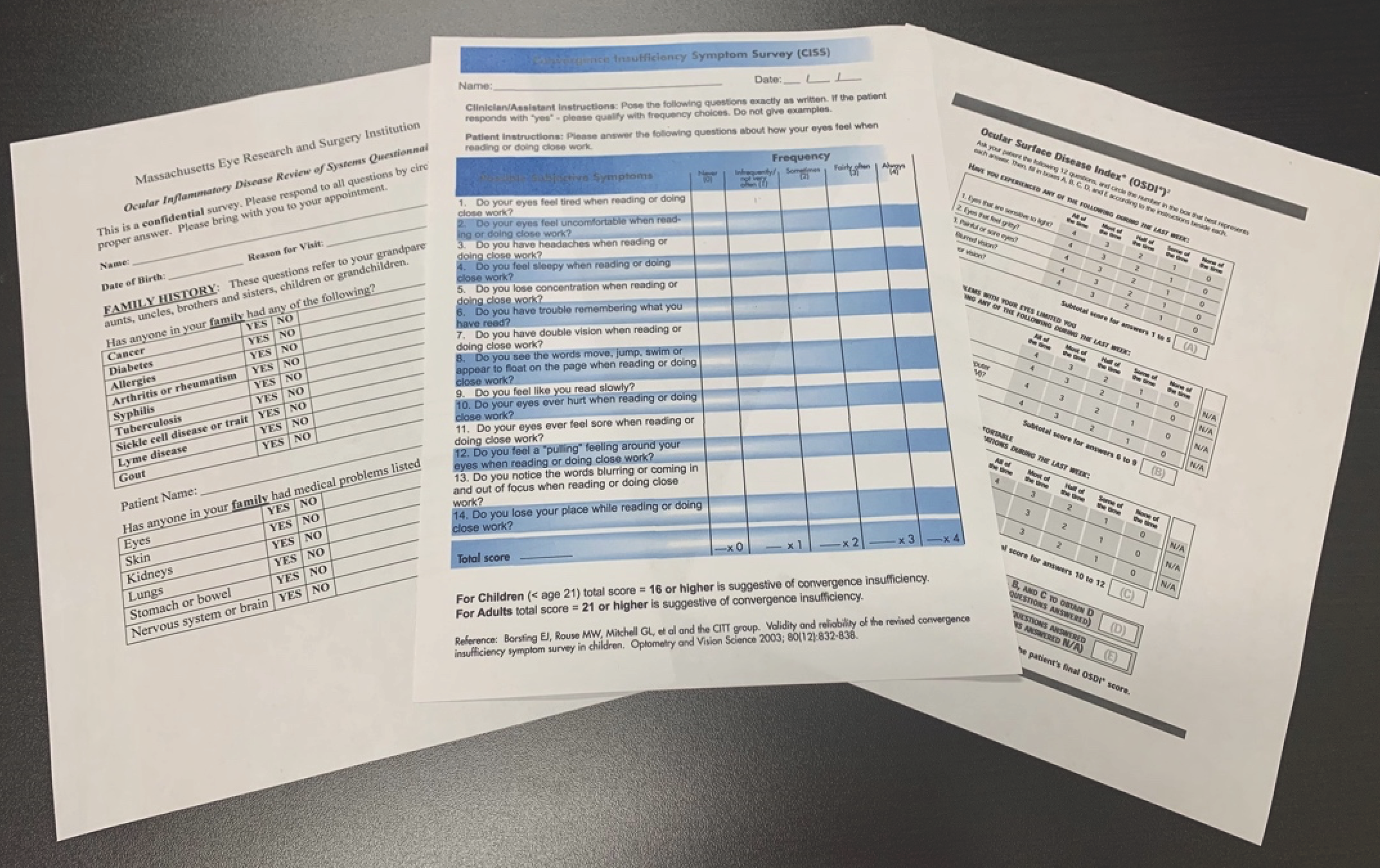 Fig. 3. Various standardized surveys, which may be printed out for patients with specific ocular findings to assist in more complex histories before or after an exam. (Left to right: MERSI, CISS, OSDI). 