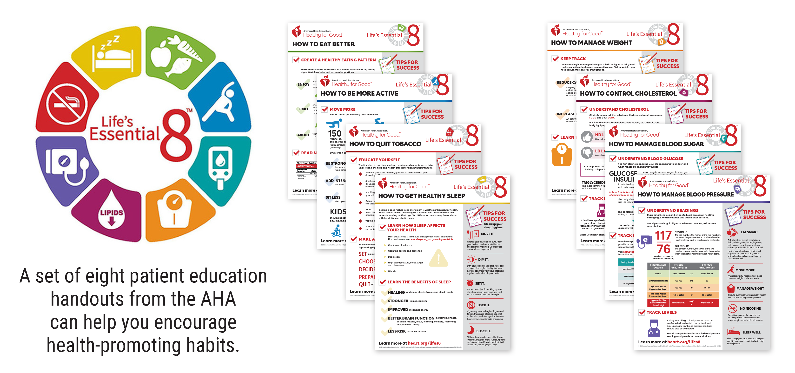 Since diabetes and cardiovascular disease share similar pathophysiological mechanisms, promoting good heart health may reduce the risk of further diabetes complications such as diabetic retinopathy. The LE8 patient handouts can be downloaded at www.heart.org/en/healthy-living/healthy-lifestyle/lifes-essential-8.