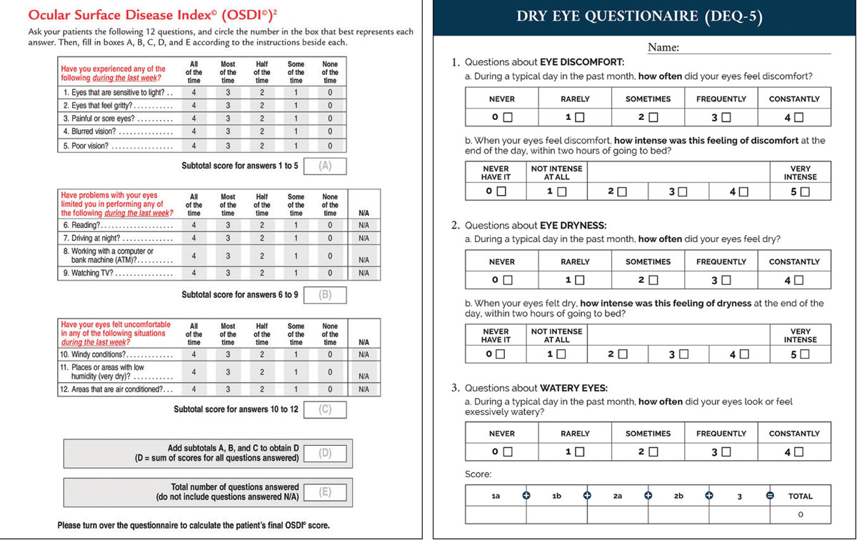 The OSDI and DEQ surveys collect vital information that can help clinicians assess dry eye symptoms at baseline and then track response to treatment.