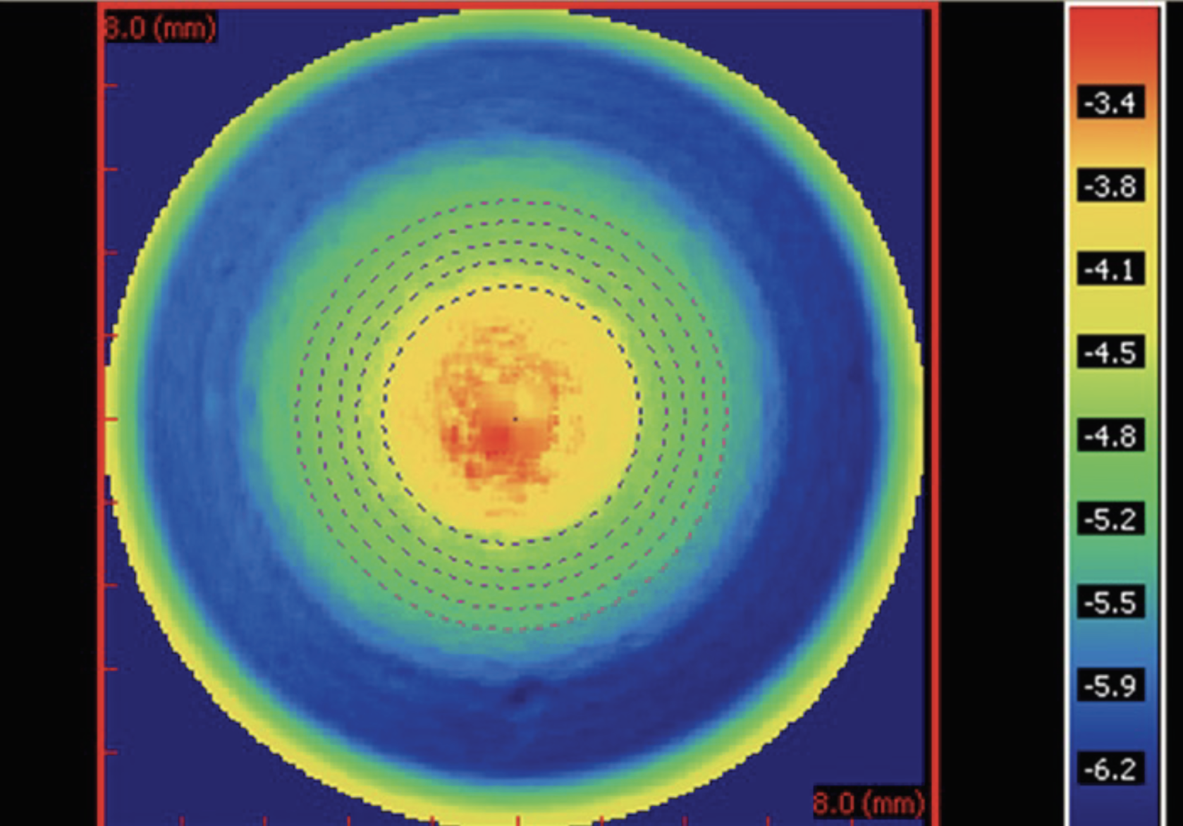 Fig. 2. A center-near soft multifocal lens with the power map measured by the NIMO TR1504.