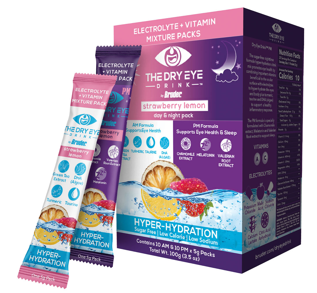 The Dry Eye Drink day and night packets in the patient preferred strawberry lemon flavor.